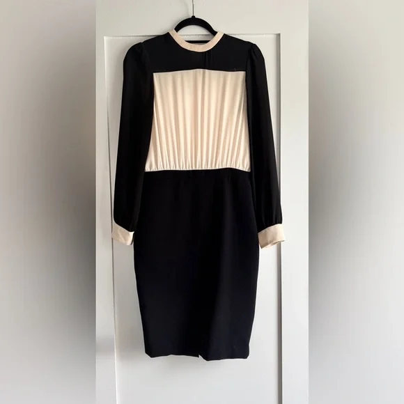 Zara Cream Black Pleated Long Sleeve Contrast Dress Size M (Runs Small) - Picture 2 of 13